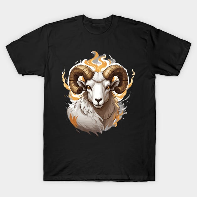 Farm Ram Sheep with Large Horns and Fire T-Shirt by Rossie Designs